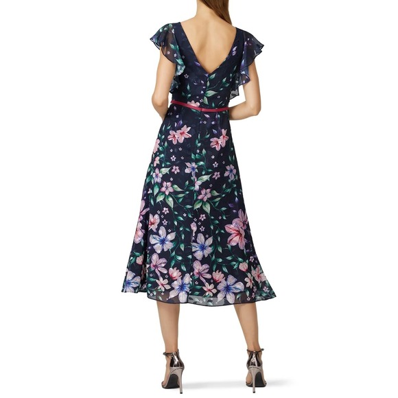 Marchesa Notte Floral Flutter Sleeve Dress Navy Blue V Neck Midi Ruffle Sz 8 - Picture 2 of 10